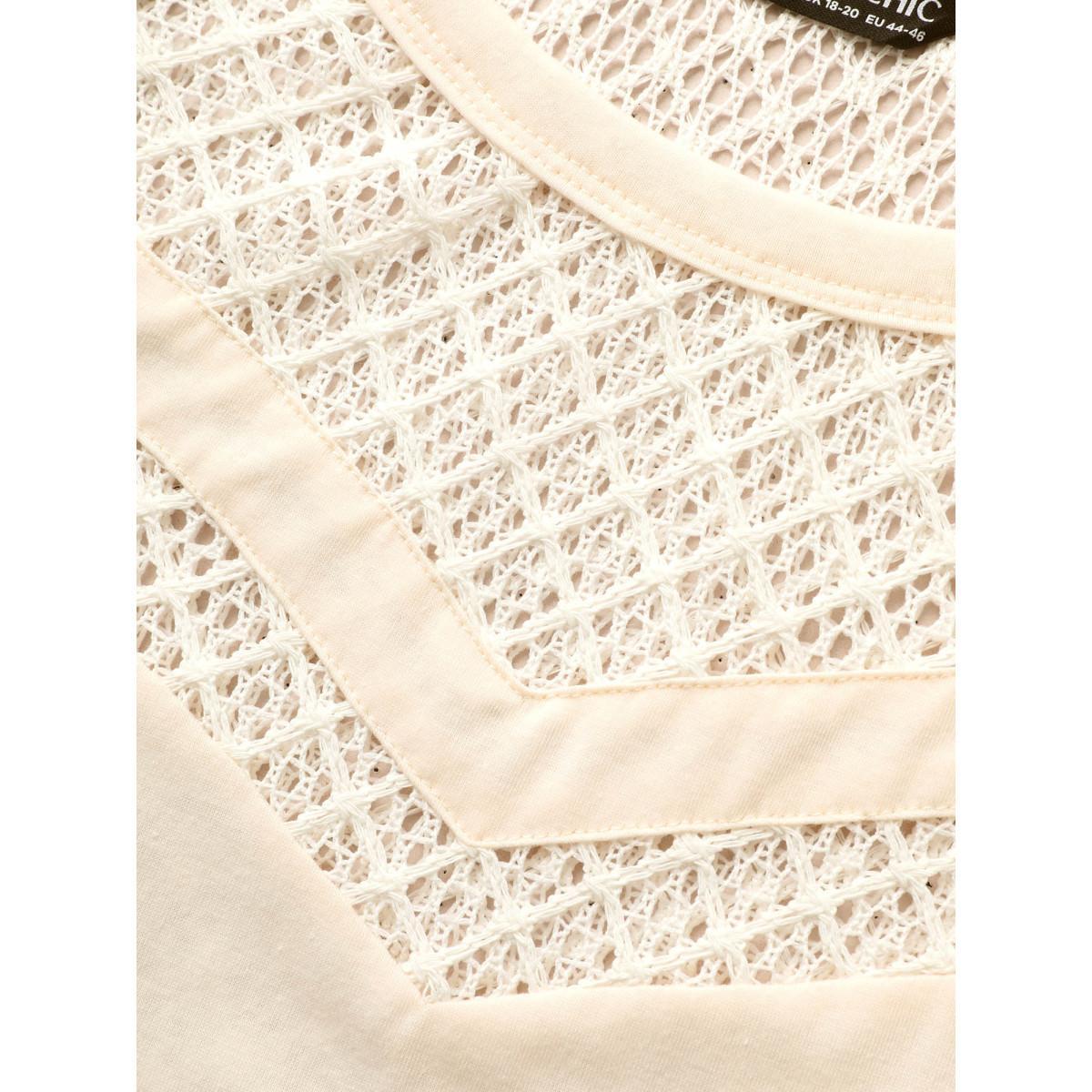 Plus Size Solid Hollow Out Raglan Sleeve T-shirt Beige Women Casual Patchwork Round Neck Everyday T-shirts BloomChic 30/6X Product Image