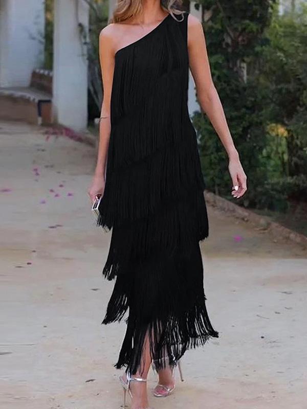 Loose Sleeveless Asymmetric Solid Color Split-Joint Tasseled One-Shoulder Maxi Dresses Product Image