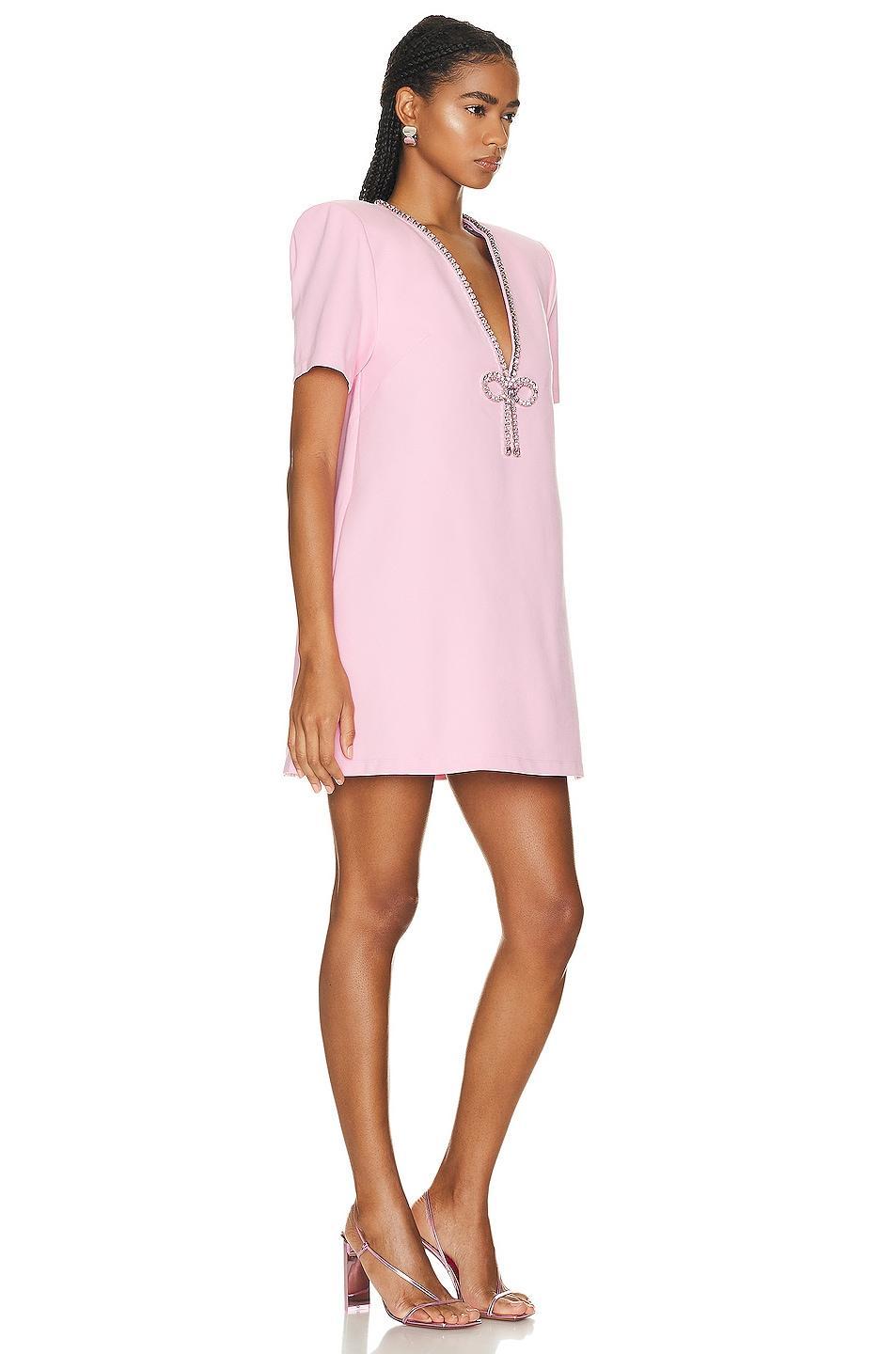 AREA Crystal Bow V-neck T-shirt Dress In Pale Pink Pink. (also in S). Product Image