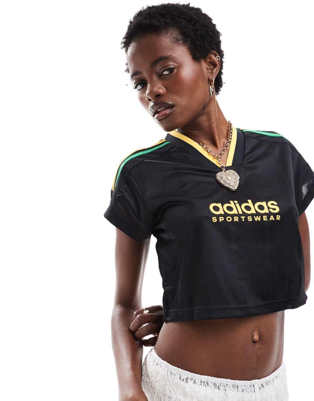 adidas Soccer Tiro crop T-shirt in black with yellow and green stripes Product Image