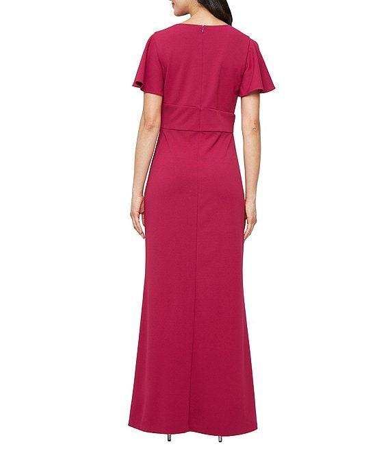 Ignite Evenings Scuba Crepe Ruched Waist Cascade Skirt Short Flutter Sleeve Dress Product Image