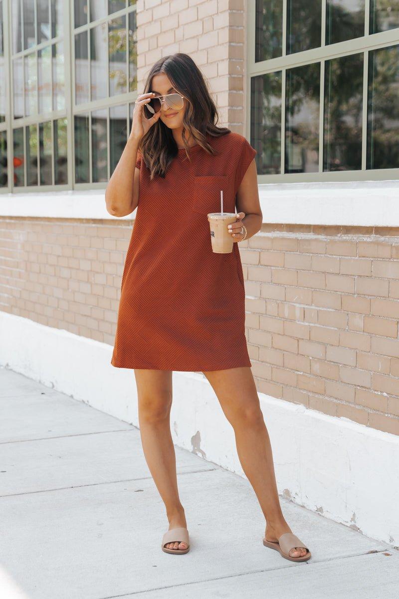 Rust Cap Sleeve Textured Mini Dress Product Image