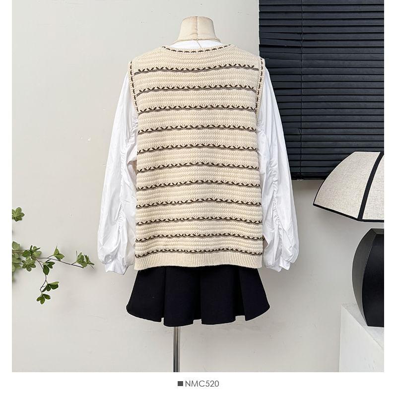 Set: Oversized Striped Knit Vest + Details Loose Blouse Product Image