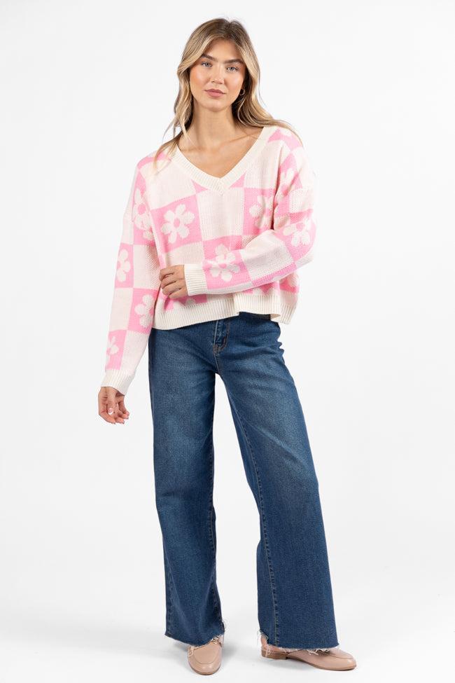 Found A New Way Pink V-Neck Checkered Flower Sweater SALE Product Image