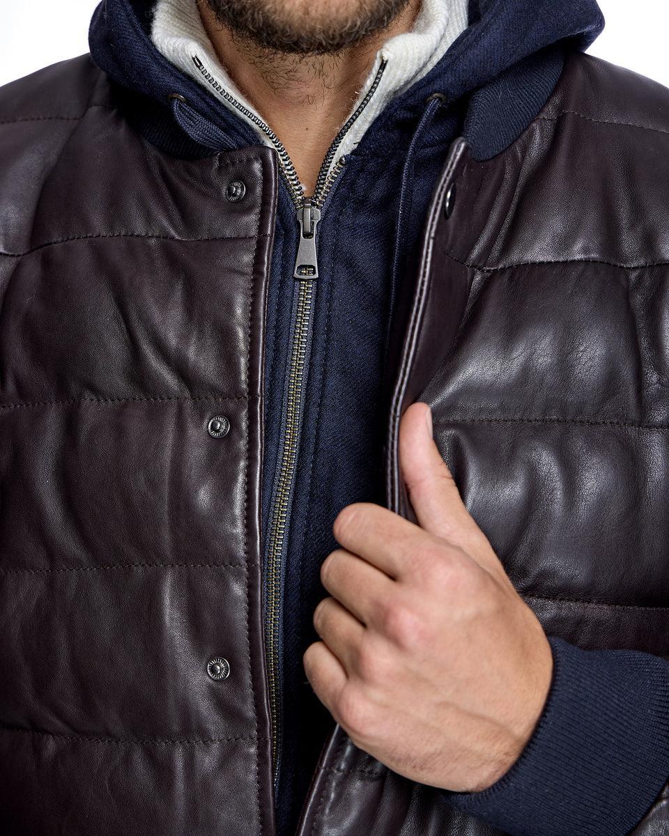 Men's Leather Puffer Jacket with Hood Product Image