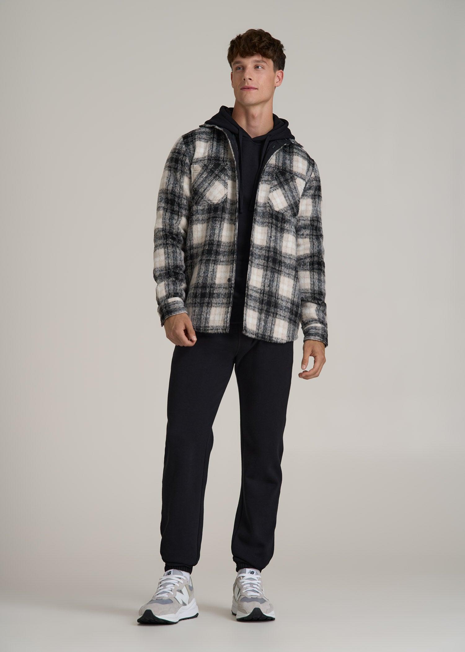 Brushed Flannel Overshirt for Tall Men in Ecru and Black Plaid Product Image