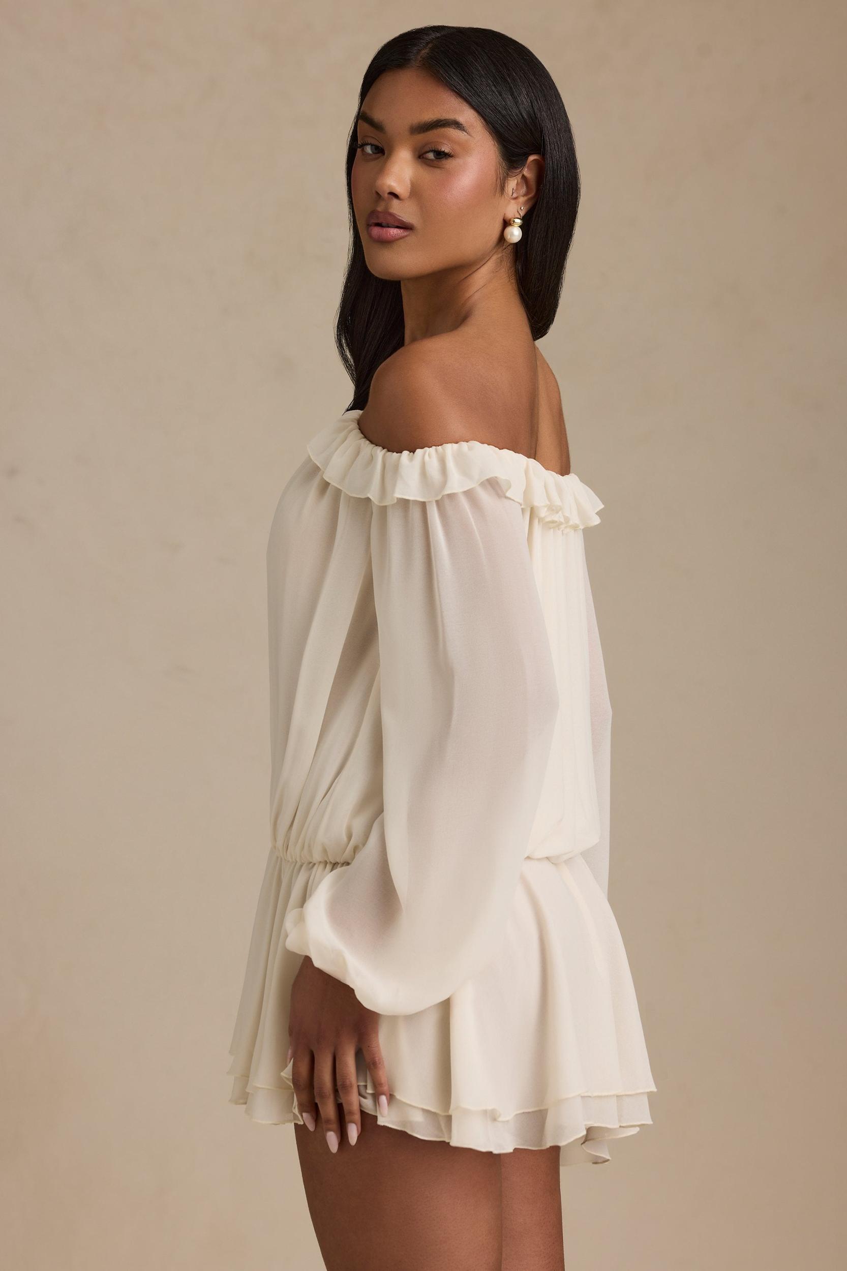 Off-Shoulder Asymmetric Balloon-Sleeve Mini Dress in Ivory Product Image