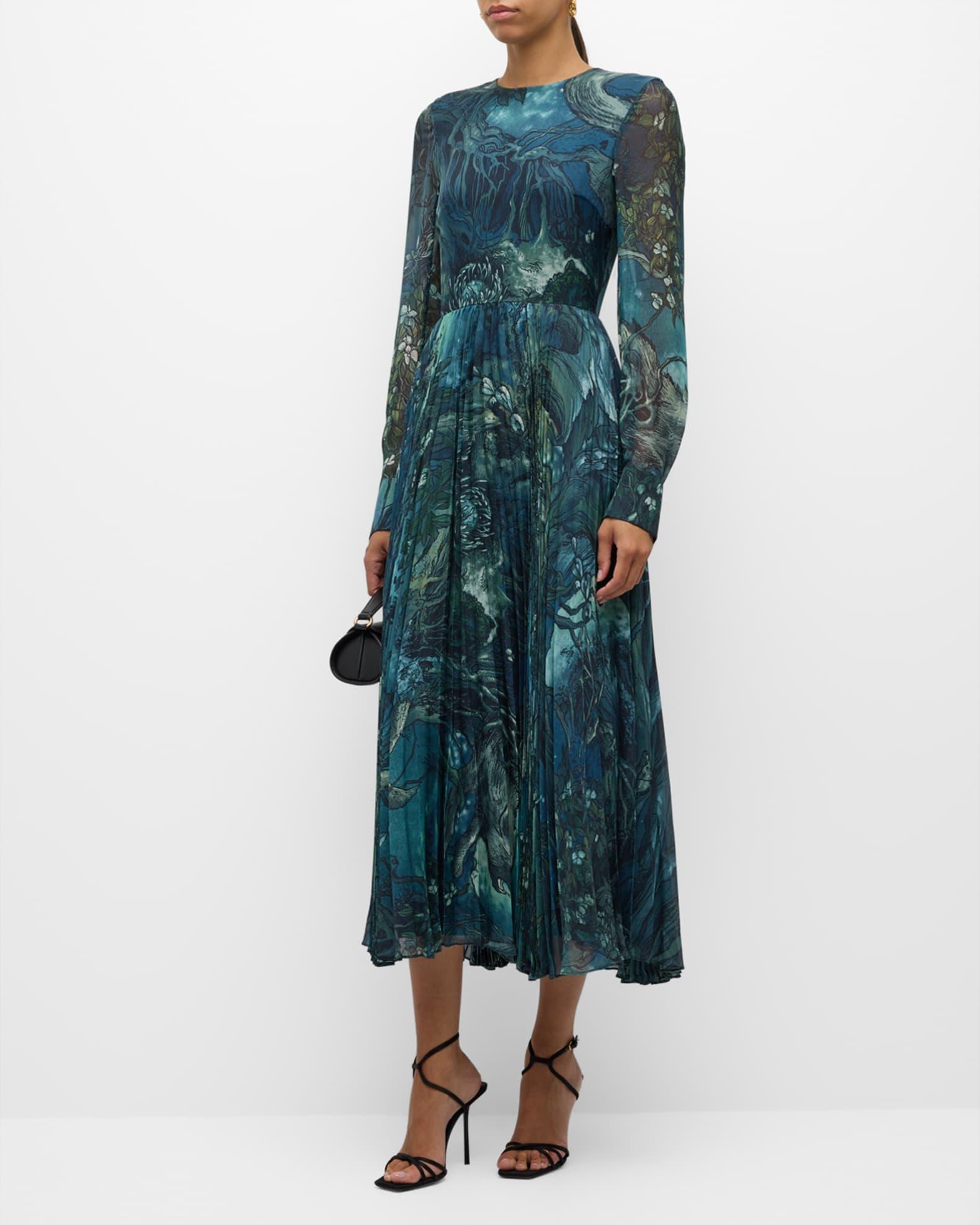 Long-Sleeve Pleated Chiffon Midi Dress Product Image