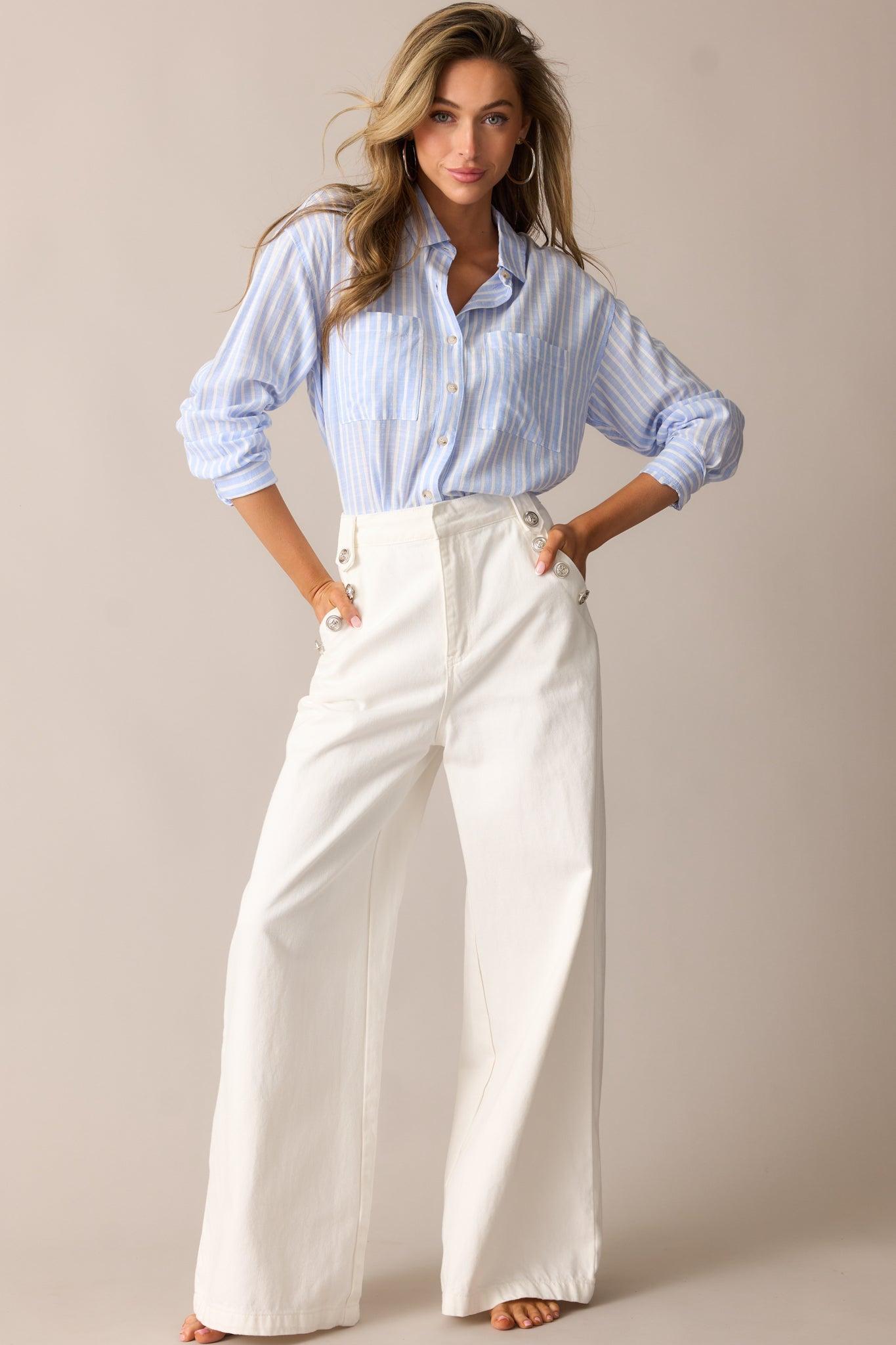 Coastline Cruise Light Blue Stripe Button Front Top Product Image