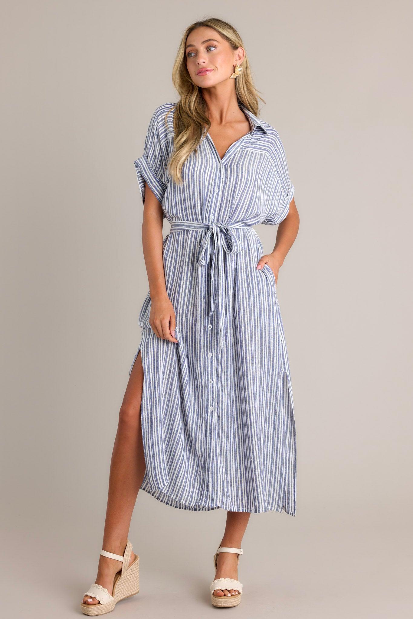 Embrace The Day Blue Stripe Midi Shirt Dress Product Image