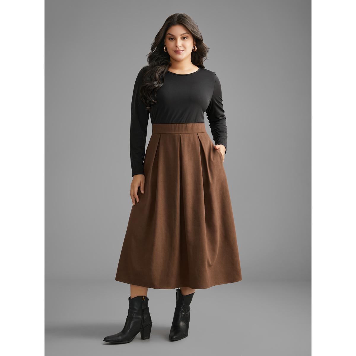 Plus Size Crew Neck Contrast Shirred Pleated Dress Browncoffeecolor Women Casual Contrast Round Neck Long Sleeve Curvy BloomChic 18-20/2X Product Image