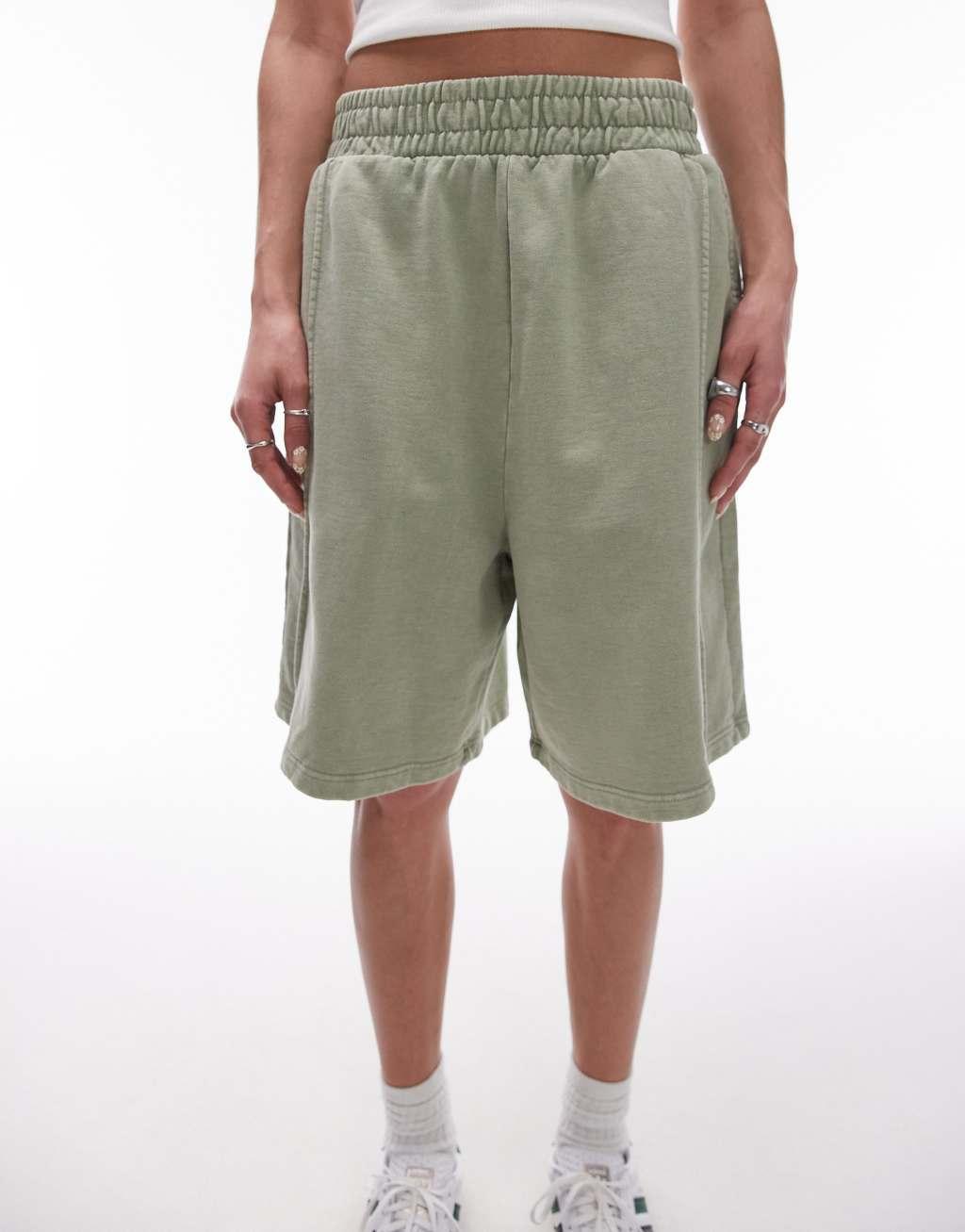 Topshop acid wash longline shorts in sage Product Image