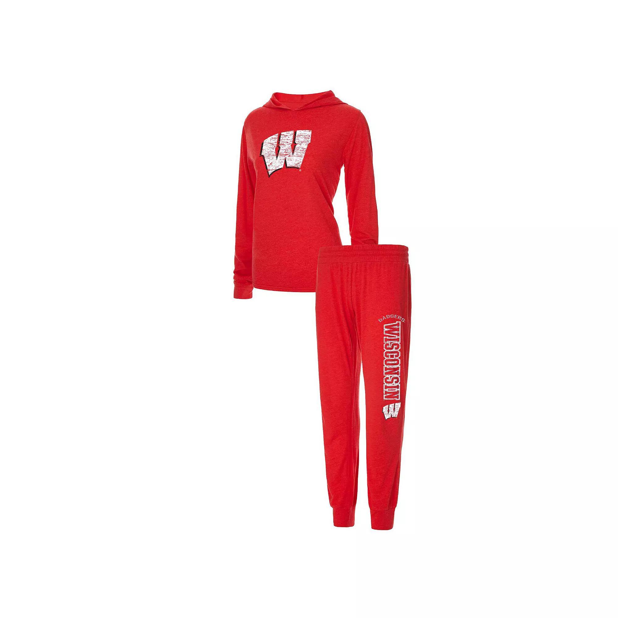 Women's Concepts Sport Red Wisconsin Badgers Long Sleeve Hoodie T-Shirt & Pants Sleep Set,  Product Image