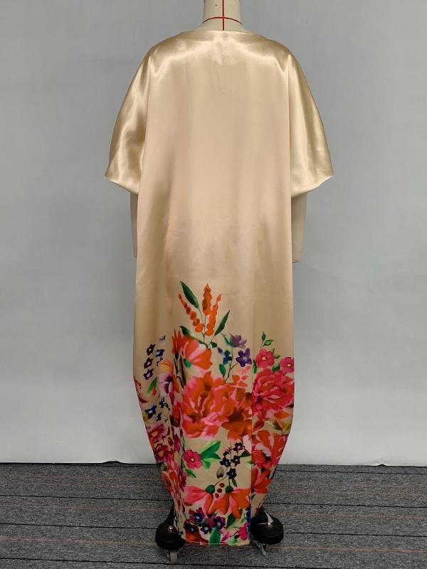 A-Line Half Sleeves Elasticity Flower Print Split-Front V-Neck Maxi Dresses Product Image