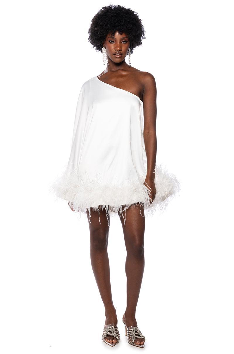 ISNT IT LOVELY ONE SHOULDER FEATHER HEM MINI DRESS IN WHITE Product Image