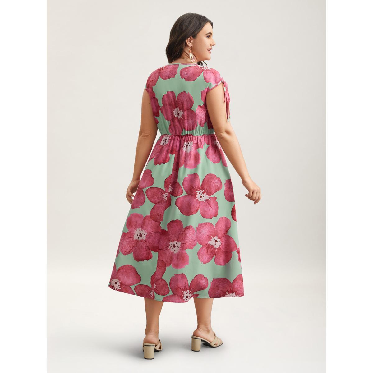 Plus Size Floral Print V-Neck Tied Midi Dress RedViolet Women Romantic Gathered V-neck Sleeveless Curvy BloomChic 18-20/2X Product Image