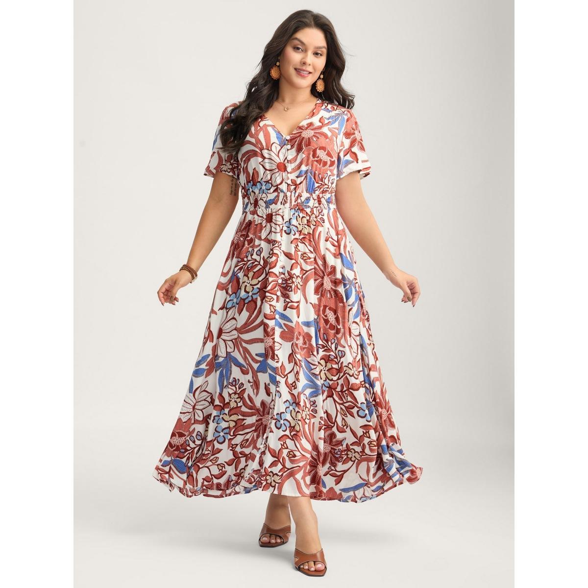 Plus Size Large Floral Print Button Placket Midi Dress Multicolor Women V-neck Short sleeve Curvy BloomChic 10/M Product Image