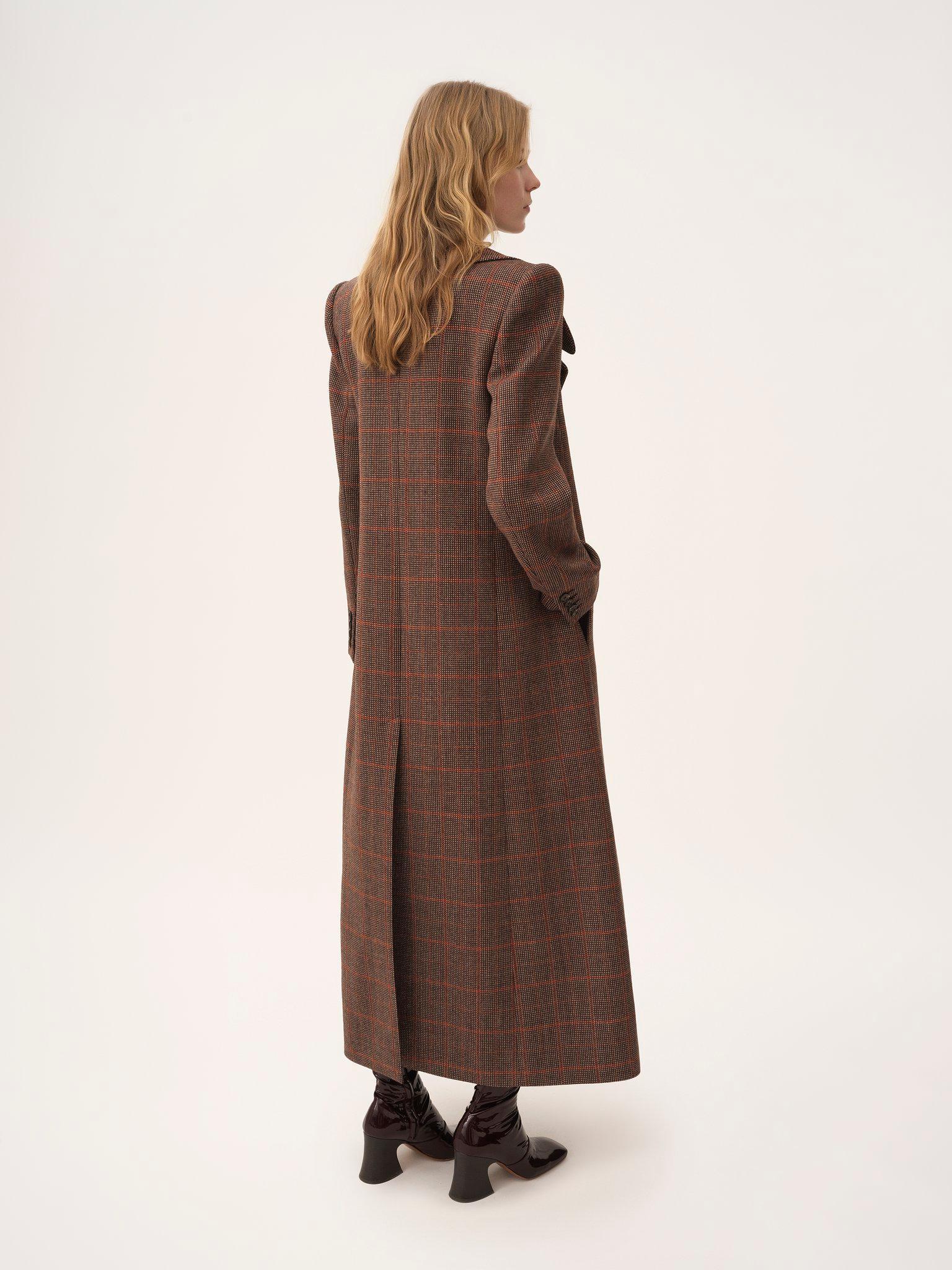 Long double-breasted coat in check wool Product Image
