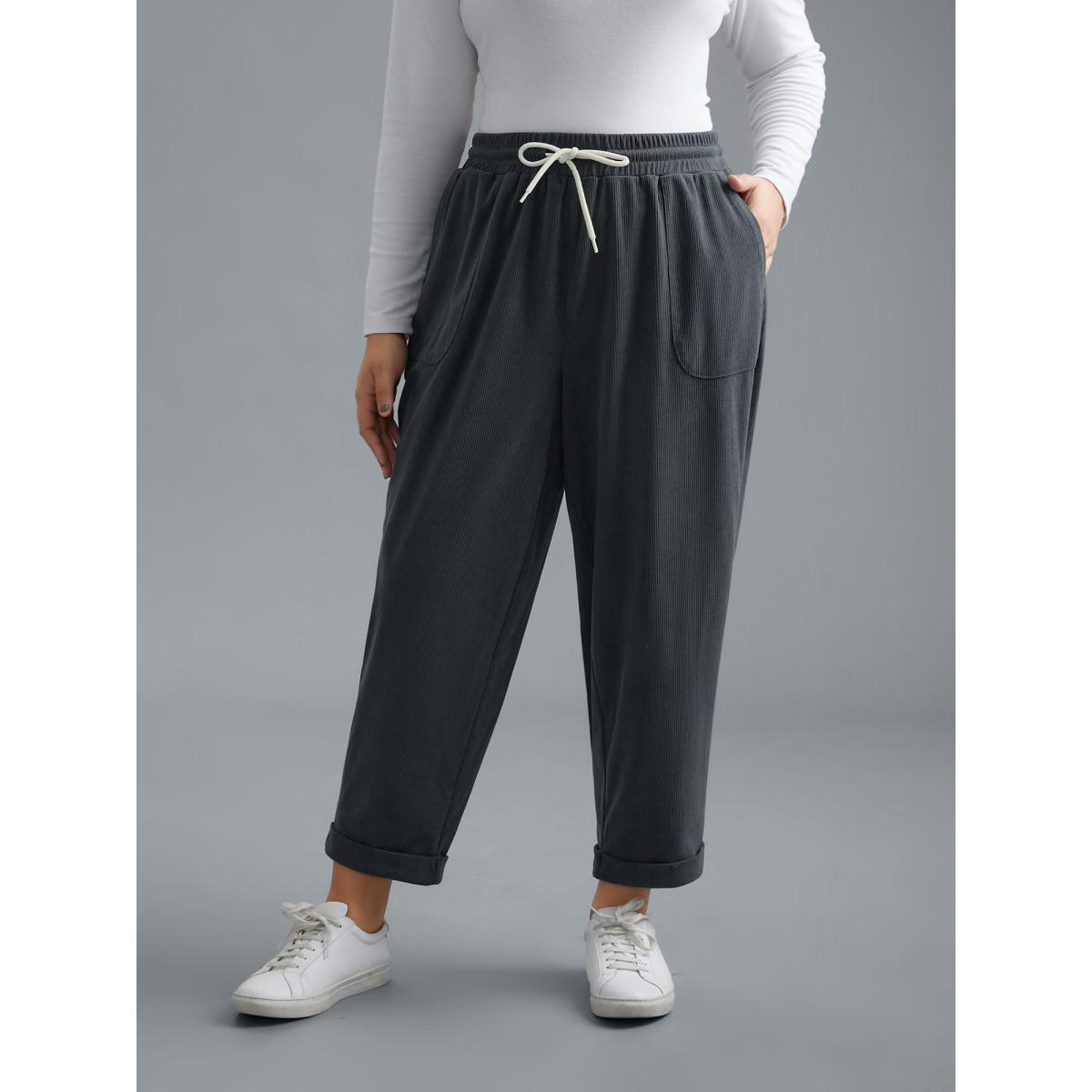 Plus Size Plain Drawstring Slant Pocket Roll Hem Pants Women SlateGray Casual Loose Mid Rise Everyday Pants BloomChic 14-16/1X Product Image
