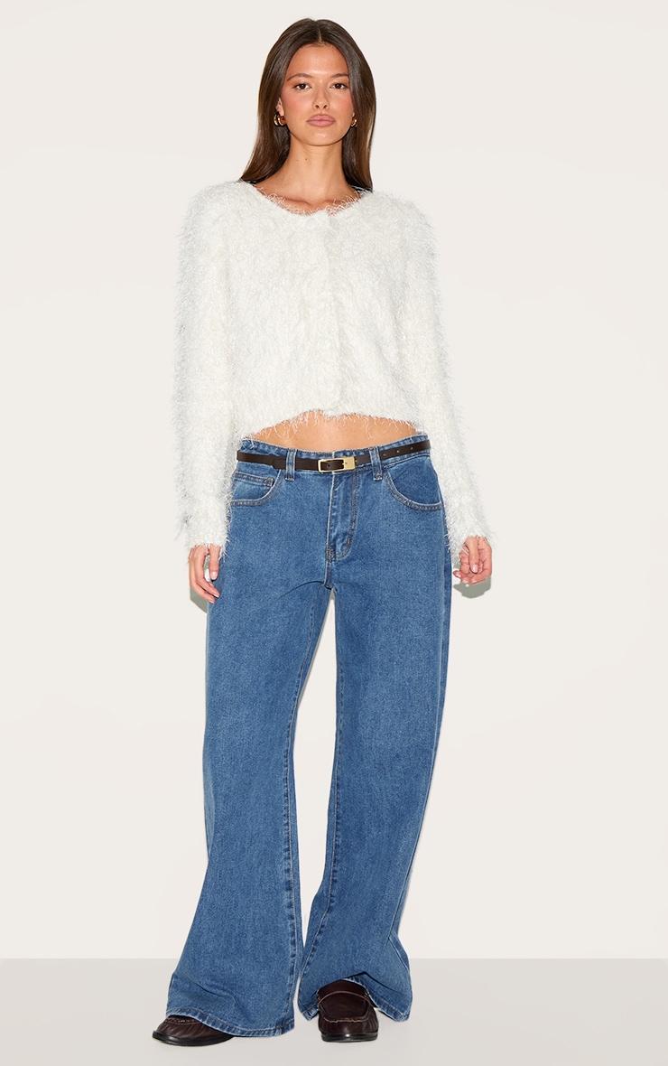 Off White Textured Fluffy Knit Button Up Cardigan Product Image