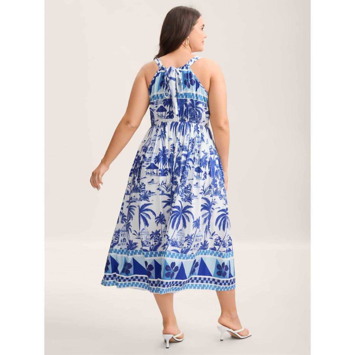 Plus Size Garden Print Stretchy Waist Pockets Midi Dress Skyblue Women Halter neck Sleeveless Curvy BloomChic 26/4X Product Image