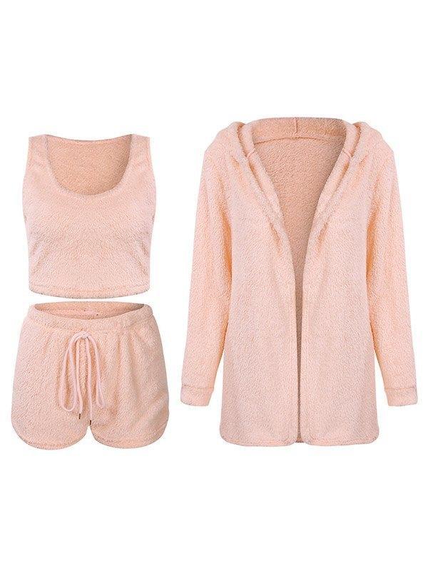 3pcs Soild PlushTeddy Tank Top & Knot Shorts & Hooded Robe Lounge Set Product Image