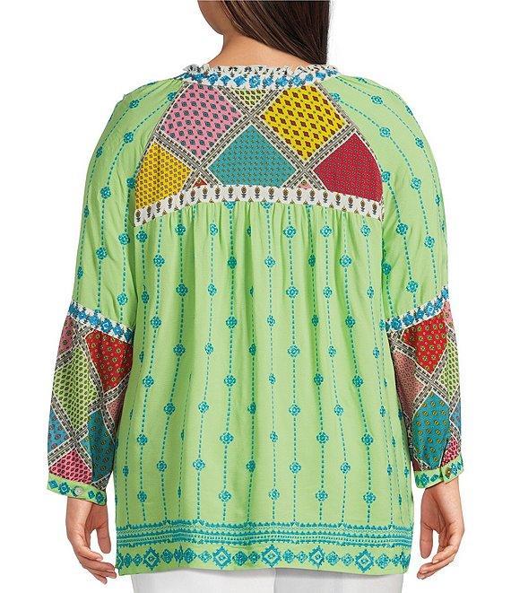 John Mark Plus Size Embroidered Mix Print Split V-Neck Long Raglan Sleeve Tunic Product Image