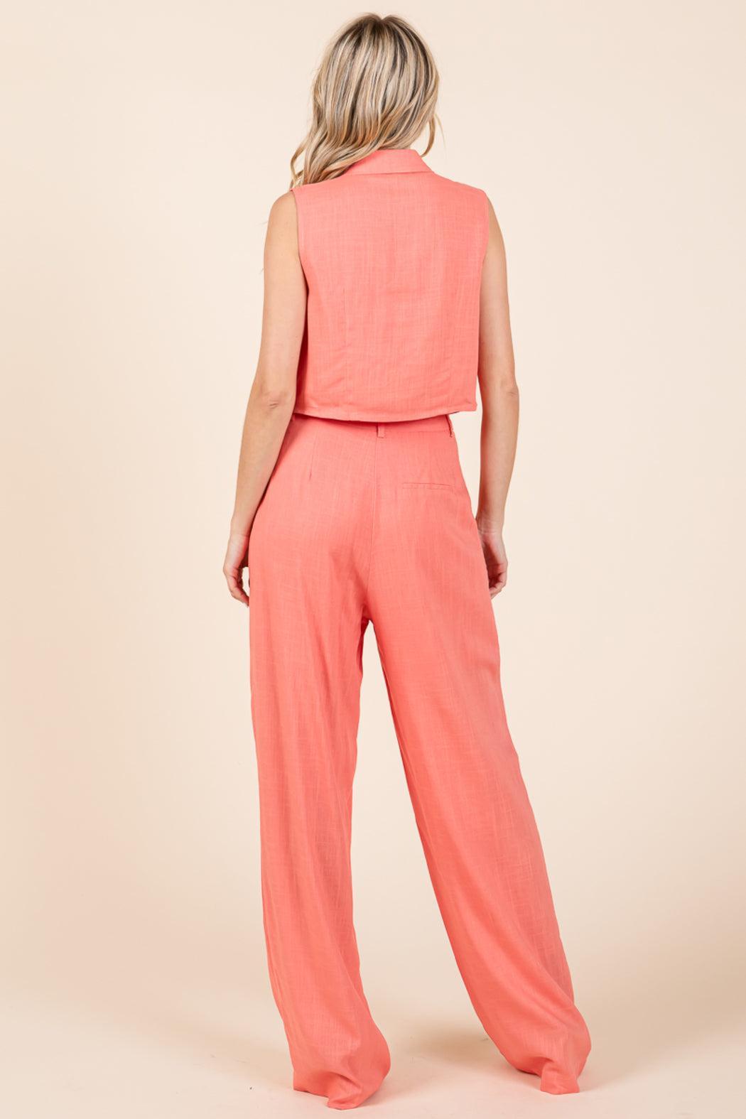 Two Piece Linen Ruffled Top And Wide Leg Pants Set Product Image