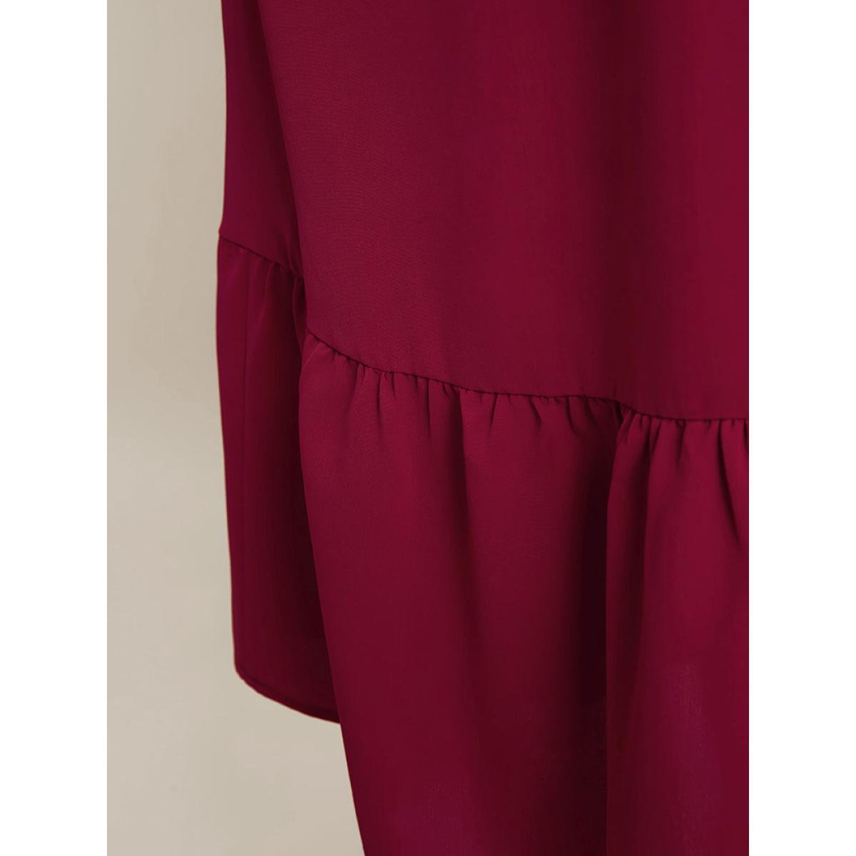 Plus Size Plant Print Lantern Sleeve Pocket Belted Ruffles Hem Dress Burgundy Women Elegant Patchwork V-neck Long Sleeve Curvy Midi Dress BloomChic 28/5X Product Image