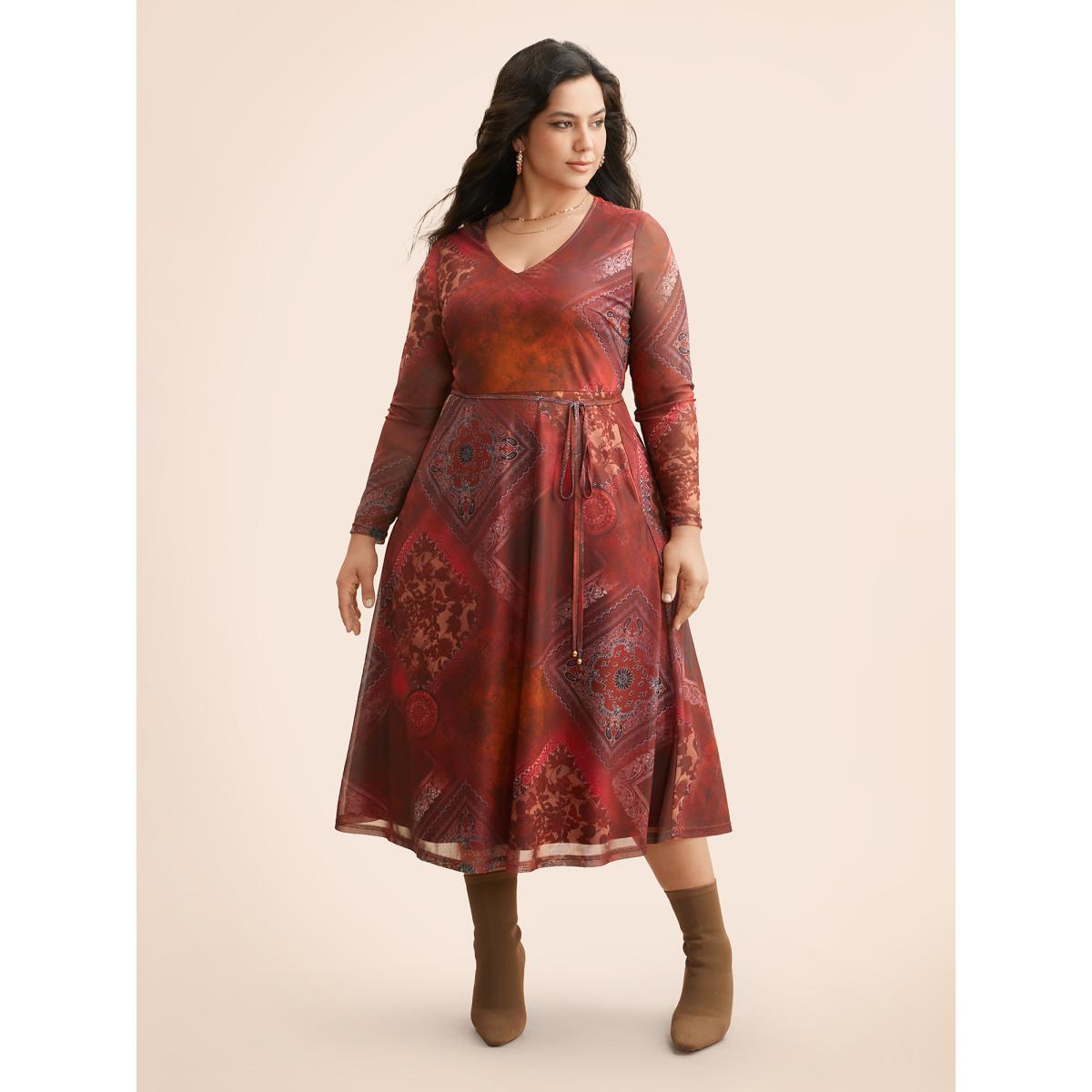Plus Size Boho Print Belted Mesh Midi Dress Russet Women Elegant See through V-neck Long Sleeve Curvy BloomChic 14-16/1X Product Image