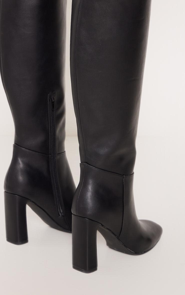 Black PU Square Toe Knee High Zip Block High Heel Boots Product Image