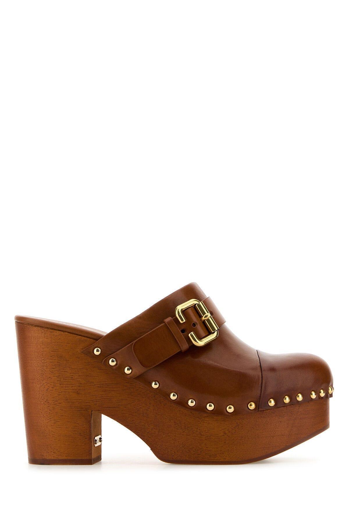 CHLOÉ Jeannette Leather Platform Clogs In Brown Product Image