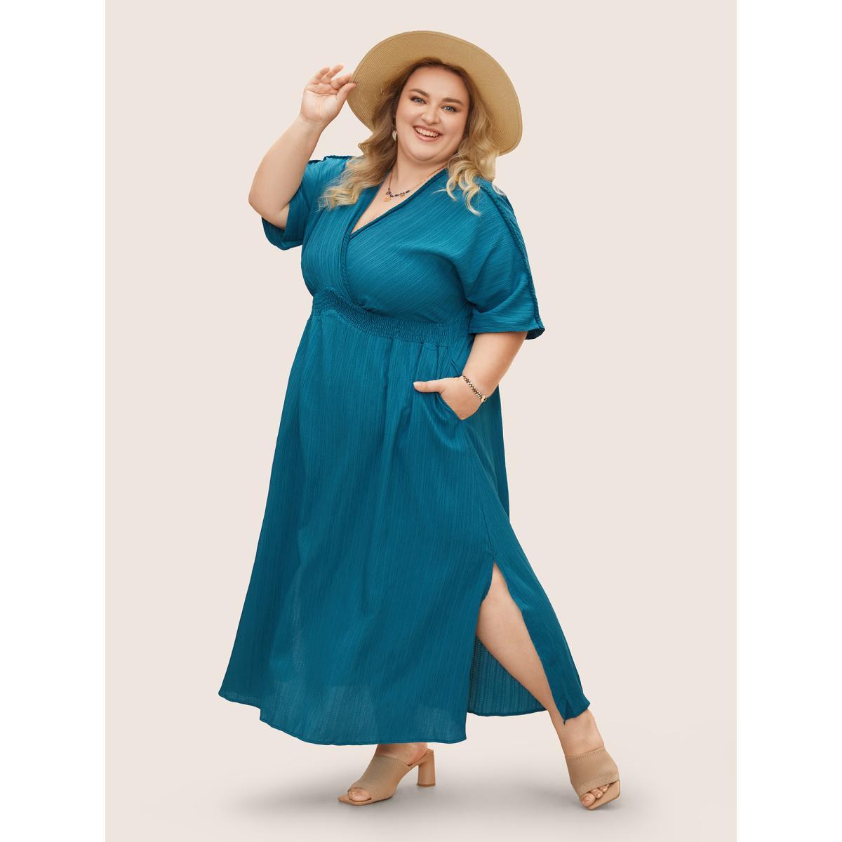 Plus Size V Neck Shirred Contrast Webbing Split Side Dress Aegean Women Boho Texture V-neck Half Sleeve Curvy BloomChic 14-16/1X Product Image