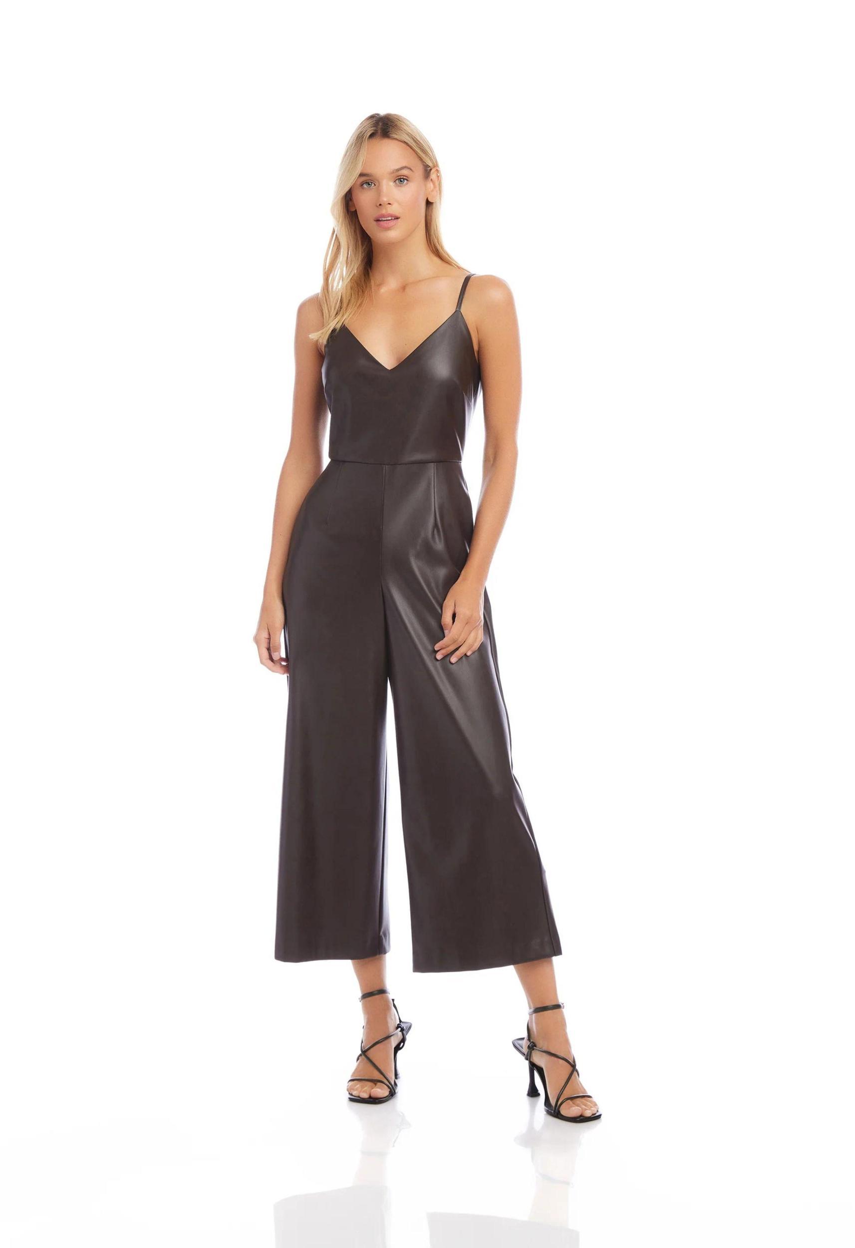 Faux Leather Jumpsuit in Brown Product Image
