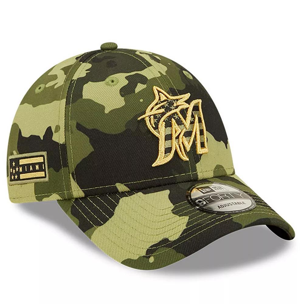Men's New Era Camo Miami Marlins 2022 Armed Forces Day 9FORTY Snapback Adjustable Hat, Green Product Image