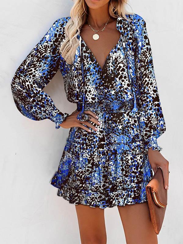A-Line Long Sleeves Contrast Color Leopard Pleated Split-Joint Tied V-Neck Mini Dresses Product Image