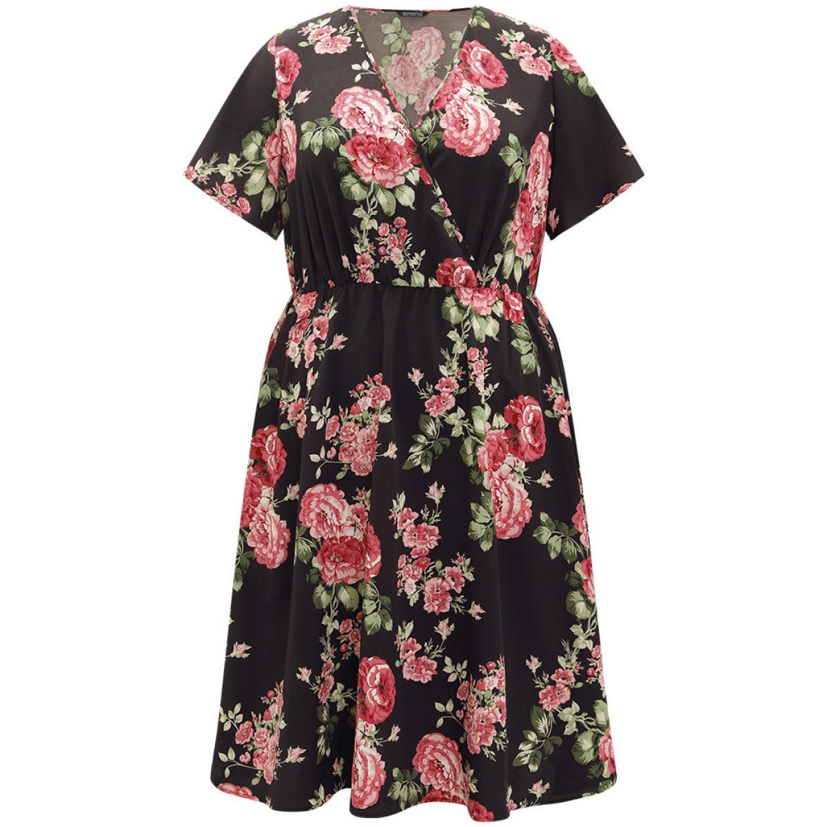Plus Size Floral Print Ruffle Sleeve Pocket V Neck Wrap Dress BlackFlower Women Elegant Printed V-neck Short sleeve Curvy Midi Dress BloomChic 14-16/1X Product Image
