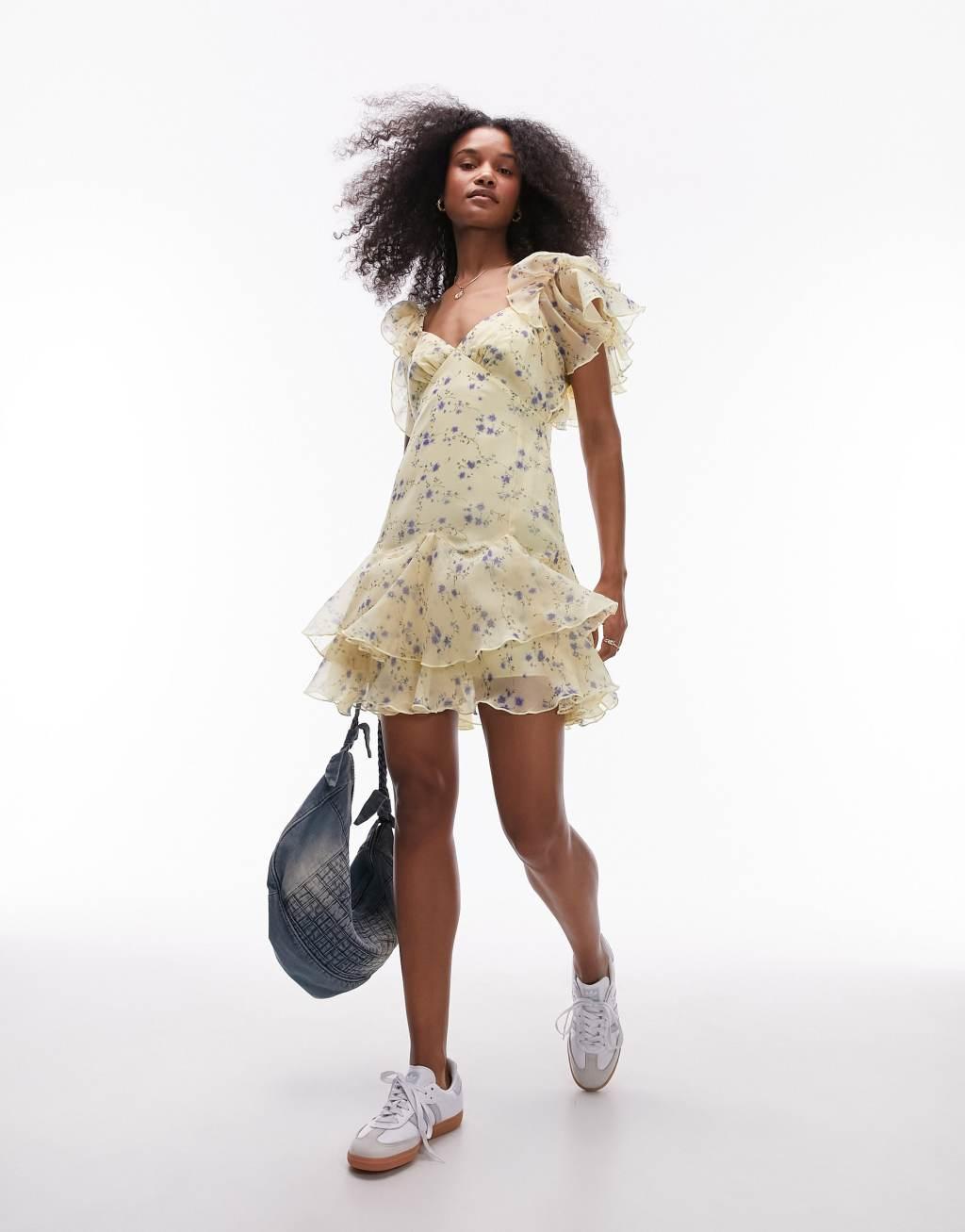 Topshop flutter sleeve mini tea dress in yellow ditsy floral print Product Image