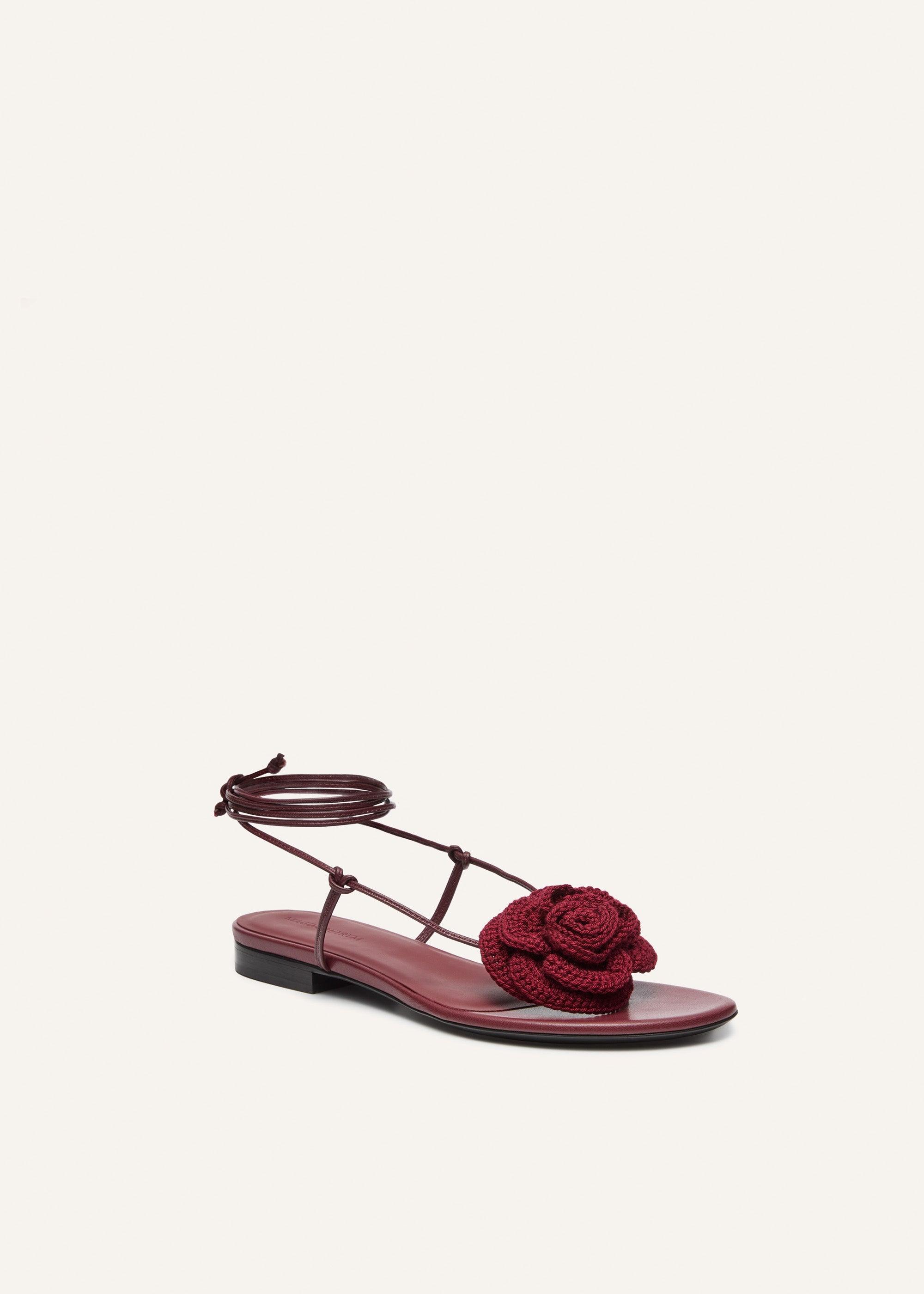 Wrap around flat flower sandals in maroon crochet Product Image