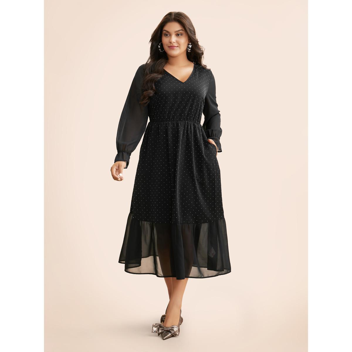 Plus Size V Neck Rhinestone Patchwork Ruffles Dress Pureblack Women Cocktail Rhinestone detailing Party Curvy Bloomchic 12/L Product Image