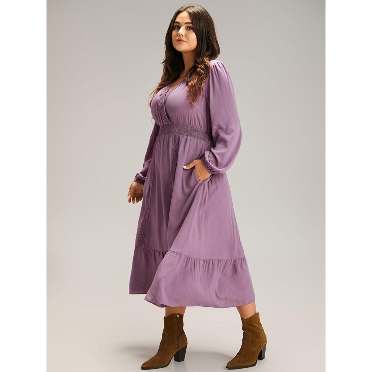 Plus Size Solid Eyelet Lace Shirred Wrap Flutter Hem Dress Mauve Women Elegant Elastic cuffs V-neck Long Sleeve Curvy Midi Dress BloomChic 22-24/3X Product Image