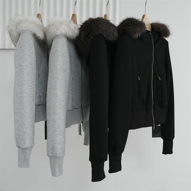 Fluffy Hooded Plain Zip Jacket Product Image