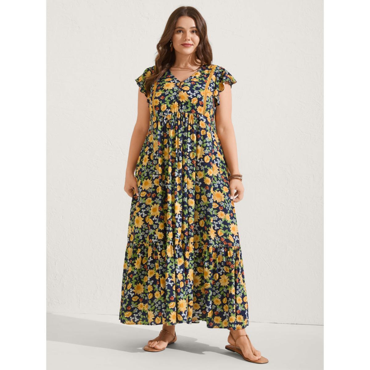 Plus Size Sweet Floral Lace Trim Tiered Maxi Dress Indigo Women V-neck Cap Sleeve Curvy BloomChic 28/5X Product Image