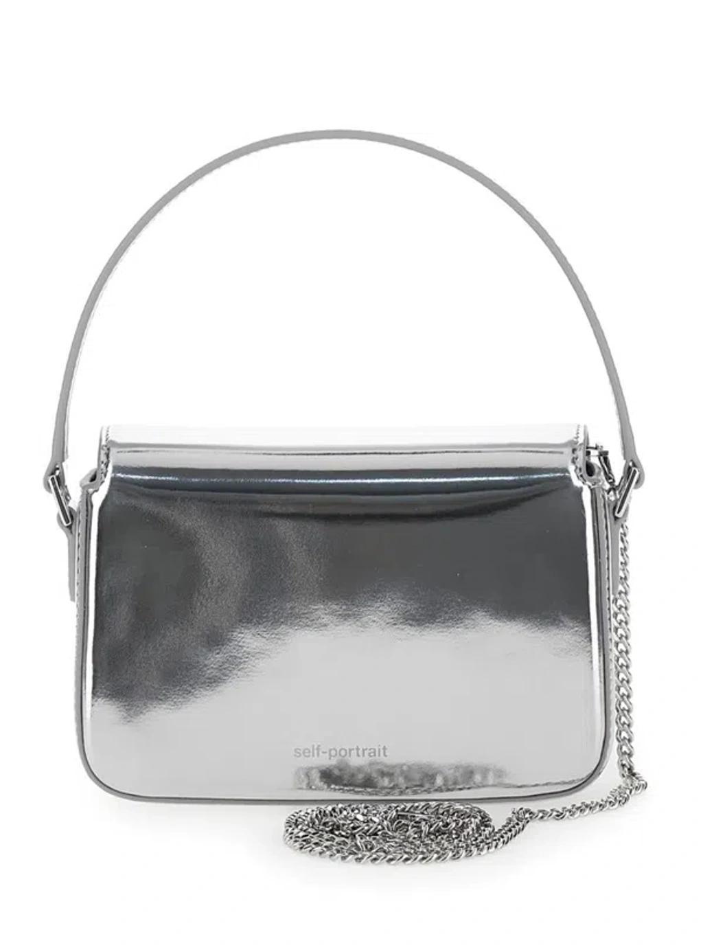 SELF-PORTRAIT Micro Silver Handbag With Bow Detail In Metallic Leather Woman In Grey Product Image