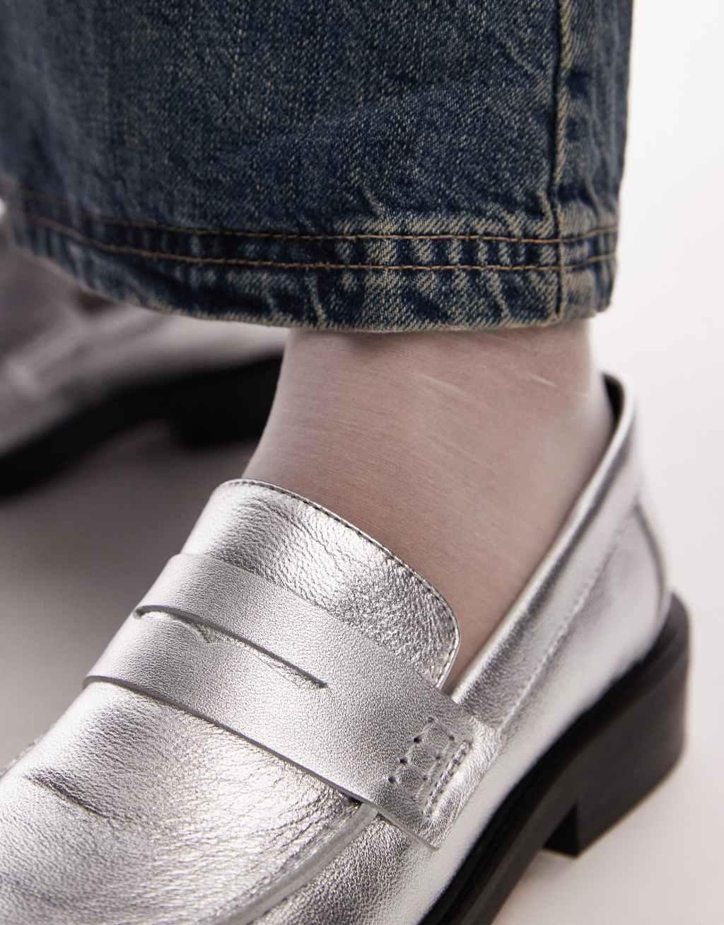 Topshop Cole premium leather square toe loafers in silver Product Image