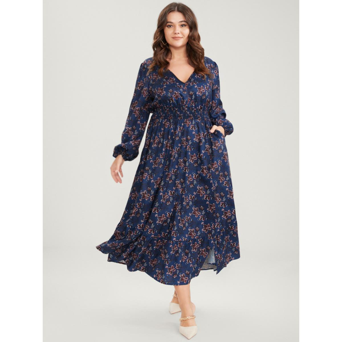 Plus Size Floral V Neck Pocket Lantern Sleeve Shirred Split Dress DarkBlue Women Elegant Pocket V-neck Long Sleeve Curvy Midi Dress BloomChic 30/6X Product Image