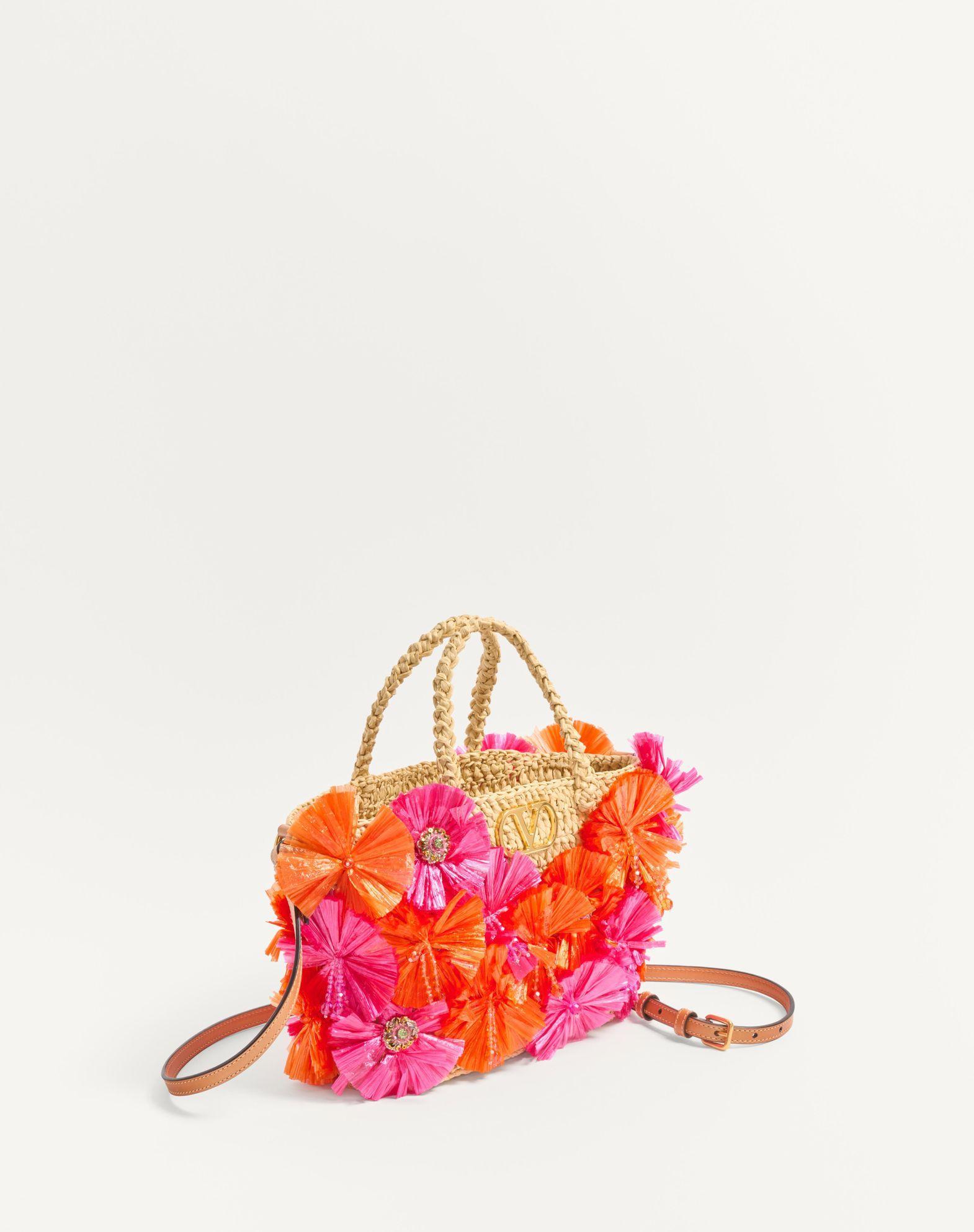 Small Raffia Shopping Bag With Flowers And Beads Product Image