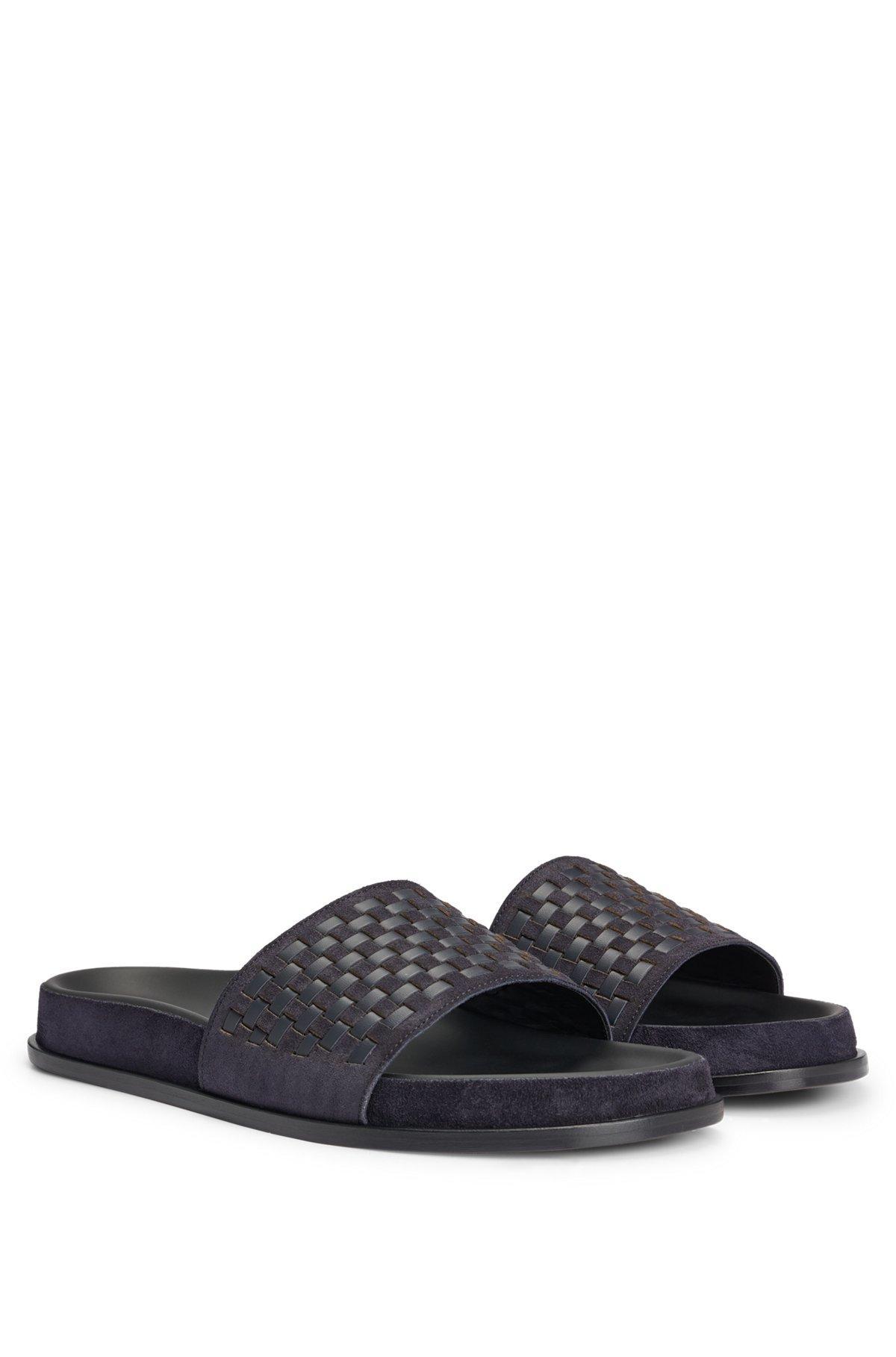 Mixed-leather slides with woven upper strap Product Image