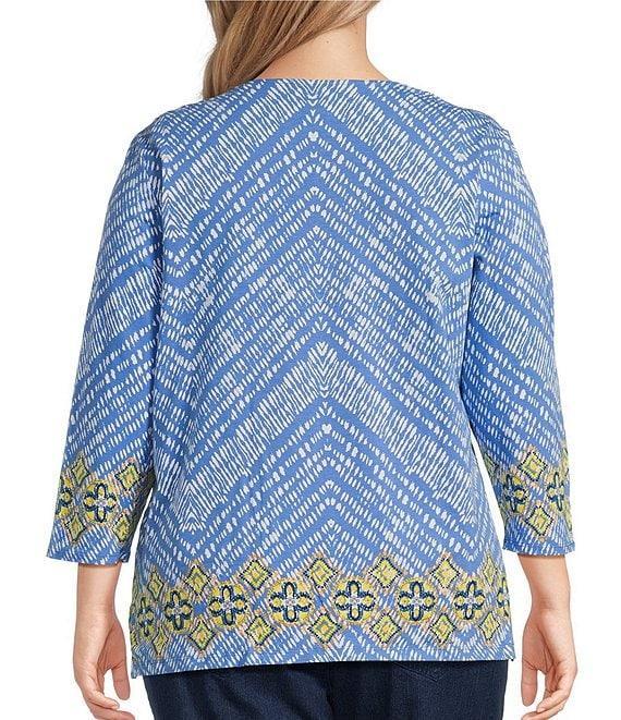 Ruby Rd. Plus Size Knit Embellished Medallion Placement Border Print Split V-Neck 3/4 Sleeve Top Product Image