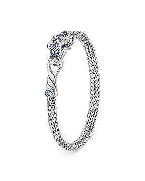 Womens Naga Dragon Silver & Blue Sapphire Double Dragon Head Slim Chain Bracelet Product Image